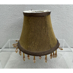 VTG Brown Gold Fabric Clip On Lamp Shade Beaded Fringe 4.5 Inch Boho Chic